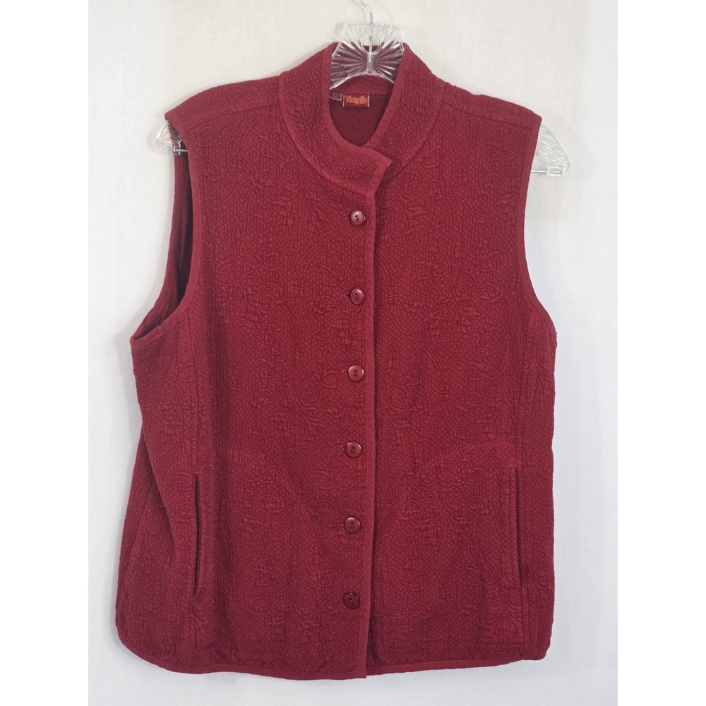 Tianello Button Up Vest Womens M Red Quilted Lagenlook  LRL Vibe!! Art to Wear
